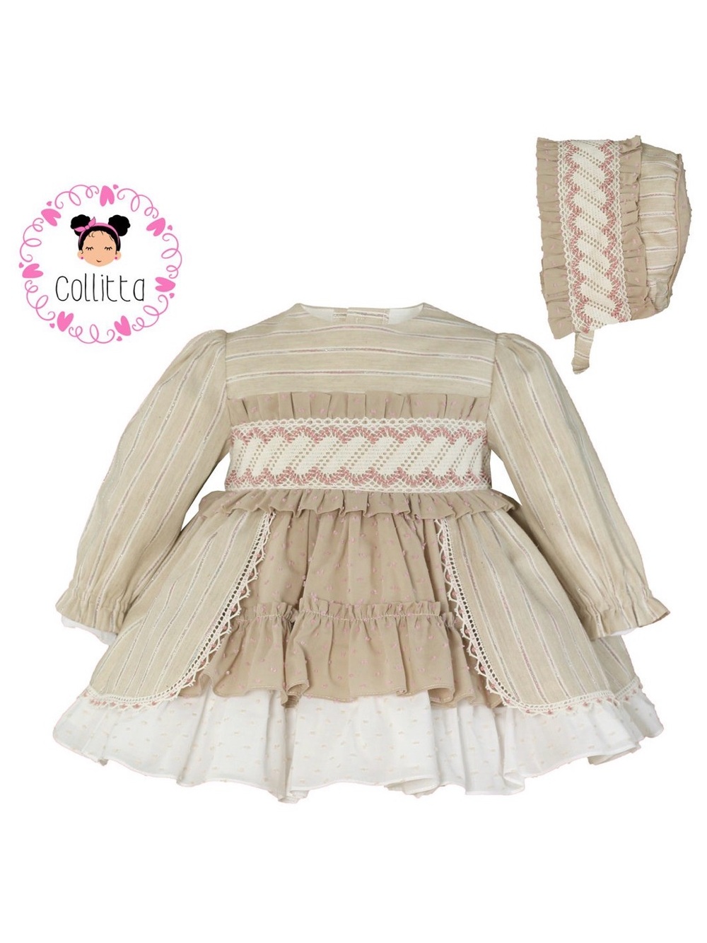 Girls Beige & White Ruffled Formal Dress with Matching Bonnet - Picture 2 of 2